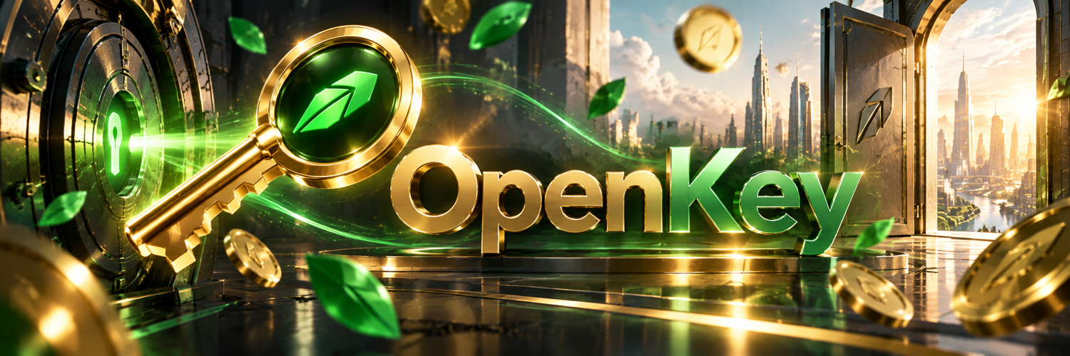 OpenKey gold key and emerald energy opening a portal to an onchain city